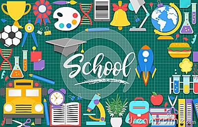 School icons.Paper cut cartoon education supplies set in trendy craft style. Modern origami teaching and learning symbol Vector Illustration