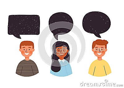 Set of young girl and boys character with speech bubble. Dialog concept. Vector Illustration
