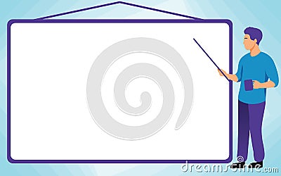 School Instructor Drawing Pointing Stick On Empty Whiteboard While Holding Cup. College Professor Holding Pointer At The Vector Illustration
