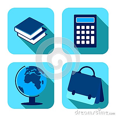 School items. Backpack, globe, calculator, books. September 1, beginning of school year. Set of square vector icons on white Vector Illustration