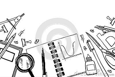 School items. Composition with top view of pupil`s table. Hand drawn outline doodle sketch vector illustration Vector Illustration