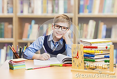 School Kid Education, Student Boy Studying Books, Little Child i Stock Photo