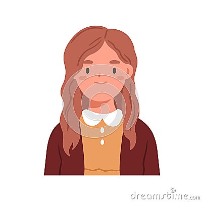 School kid girl, face portrait. Smiling child avatar. Cute schoolgirl head. Happy little student, pupil. Elementary Vector Illustration