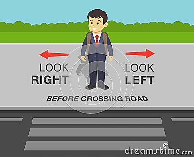 School kid is going to cross the road. Look right, look left safety rule. Vector Illustration