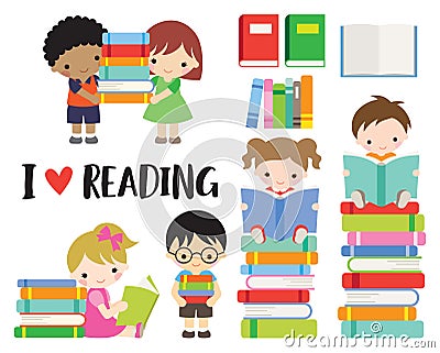 School Kids Boy and Girl Reading Books Vector Illustration