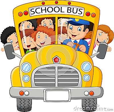 School Kids cartoon Riding a School Bus Vector Illustration