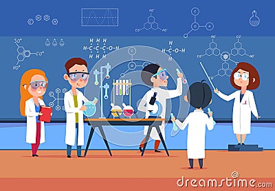 School kids in chemistry lab. Children in science laboratory make test. Cartoon pupils girls and boys in class. Vector Vector Illustration