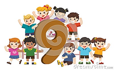 School kids and colorful number nine shaped. Vector Illustration