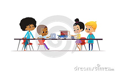 School kids constructing and programming electronic robotic car. Multiracial children sitting at desk and building Vector Illustration