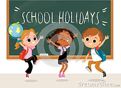 School kids jumping by blackboard. Pupils in the classroom. Vector Illustration