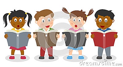 School Kids Reading a Book Vector Illustration