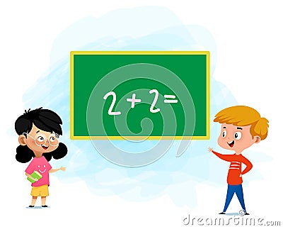 School kids with a sign board. Back to school. Vector Illustration