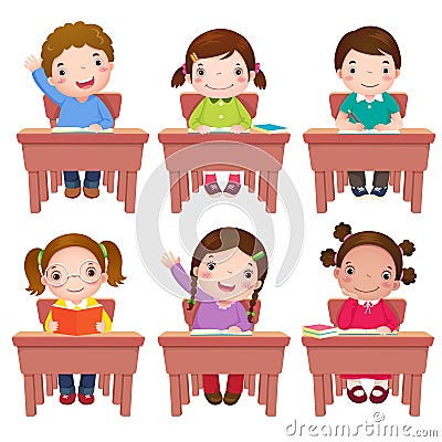 School kids sitting on table Vector Illustration