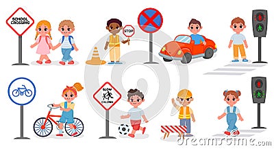 School kids street safety, signs and crosswalk rules. Traffic light go and stop signal. Kid bike and car. Cartoon road Vector Illustration