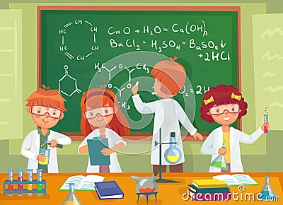 School kids study chemistry. Children pupils studying science and writing at laboratory class blackboard cartoon vector Vector Illustration