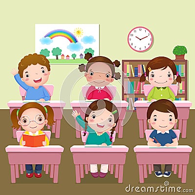 School kids studying in classroom Vector Illustration