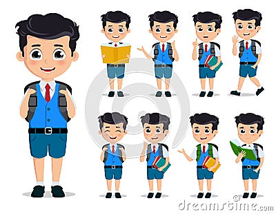 School kids vector characters set. Young student boy wearing school uniform and backpack in various standing posses Vector Illustration