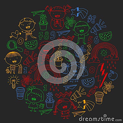 School kindergarten children. Play, learn and grow. Education and games. Cool boys and girls vector illustration. Vector Illustration