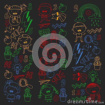 School kindergarten children. Play, learn and grow. Education and games. Cool boys and girls vector illustration. Vector Illustration