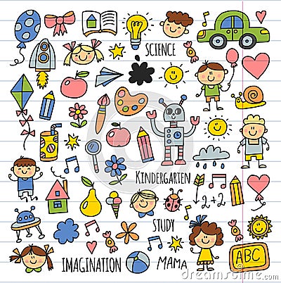 School, kindergarten. Happy children. Creativity, imagination doodle icons with kids. Play, study, grow Happy students Vector Illustration