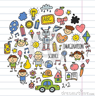 School, kindergarten. Happy children. Creativity, imagination doodle icons with kids. Play, study, grow Happy students Vector Illustration