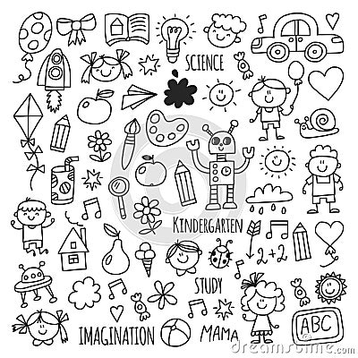 School, kindergarten. Happy children. Creativity, imagination doodle icons with kids. Play, study, grow Happy students Vector Illustration