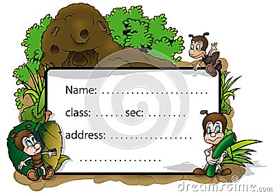 School Label with Three Ants and Background with Anthill and Plants Vector Illustration