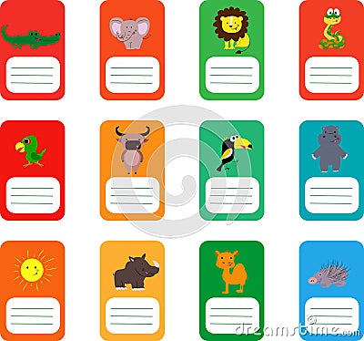 School labels with cute animals. Crocodile, elephant, lion, snake and more. Vector Illustration