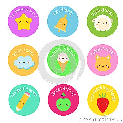 School labels for teachers. Award stickers for pupils, kids Vector Illustration