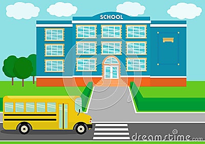 School landscape, schoolhouse, schoolbus. Vector illustration. Vector Illustration