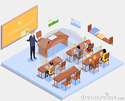 School lesson art photography. Pupils studying and working on tablet pc in modern classroom Vector Illustration