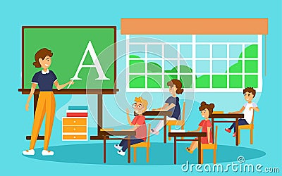 School lesson in first grade. Teacher explaining alphabet to children. Vector Illustration