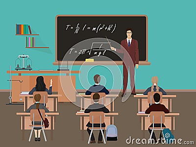 School lesson. Little kids pupil students with teacher. Classroom with blackboard. Vector Illustration