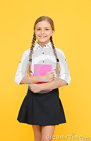 School lesson. Study literature. Inspirational quotes motivate kids for academic year ahead. School girl formal uniform Stock Photo