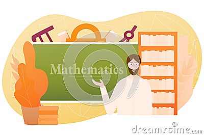 School lesson study objects, geometrical shapes, male professor on light background, e-learning concept of math, algebra Vector Illustration