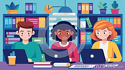 In the school library a group of students work on their laptops using an elearning coding platform to build a website Vector Illustration
