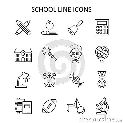 School line icon set. Education flat symbol with teacher, globe, calculator, alarm clock, pencil. Vector illustration Vector Illustration