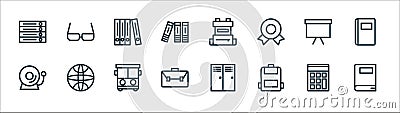school line icons. linear set. quality vector line set such as book, backpack, briefcase, bell, slideshow, files and documents, Vector Illustration