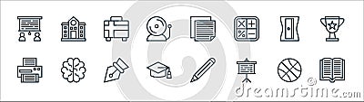 School line icons. linear set. quality vector line set such as book, presentation, degree, printer, sharpener, briefcase, notes, Vector Illustration