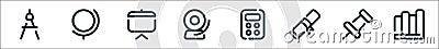 school line icons. linear set. quality vector line set such as books, push pin, degrees, calculator, bell, presentation, globe Vector Illustration
