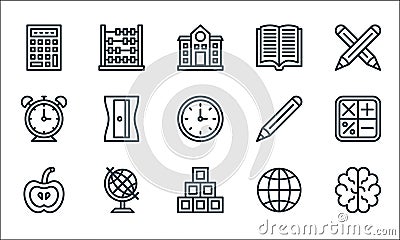 School line icons. linear set. quality vector line set such as brain, cube, apple, internet, geography, alarm clock, pencil, book Vector Illustration