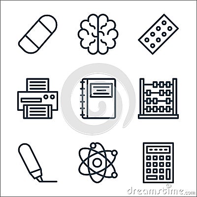 school line icons. linear set. quality vector line set such as calculator, science, highlighter, abacus, agenda, printer, color Vector Illustration
