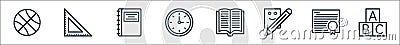 School line icons. linear set. quality vector line set such as cube, degree, writing, book, clock, agenda, ruler Vector Illustration