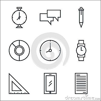 School line icons. linear set. quality vector line set such as file, smartphone, ruler, watch, time, pie chart, pen, chat Vector Illustration