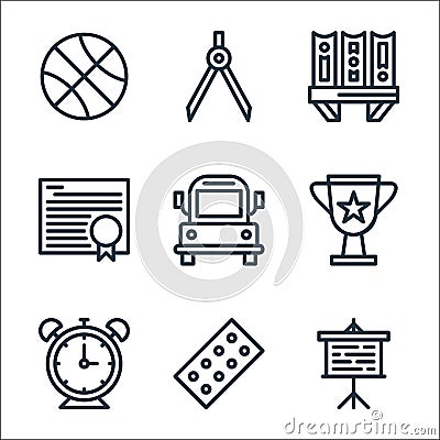 school line icons. linear set. quality vector line set such as presentation, color palette, alarm clock, award, bus, degree, Vector Illustration