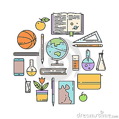 School linear icons in round composition. Stock Photo