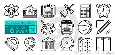 School linear icons set. Structure of atom, backpack, calculator, road to school by bus. Physical education lessons, geography. Vector Illustration