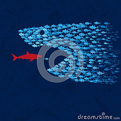 School of little blue fishes come together to overpower red shark Vector Illustration