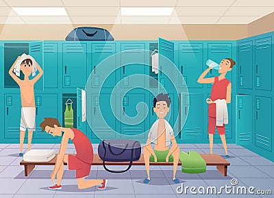 School locker room. Sport gym locker with kids in college vector cartoon background Vector Illustration