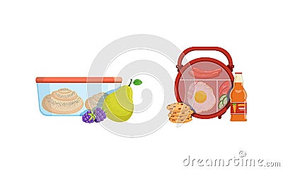 School Lunch Boxes Set, Healthy Food Packages with Pear, Bun, Cookie, Juice Bottle Vector Illustration Vector Illustration
